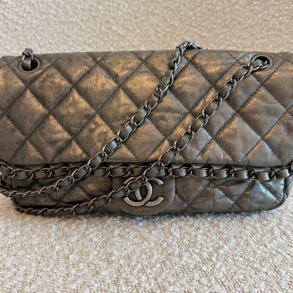 Authentic Chanel Grey CC Chain Me Timeless Flap Lambskin Leather Shoulder Bag